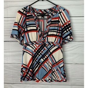 BCBG Maxazria Blouse Split V Neck Short Sleeves S